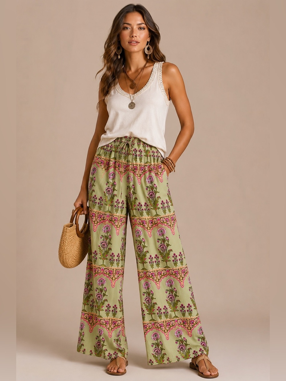 Boho Floral Wide Leg Palazzo Pants Size 38 Sage Green Pink Print Elastic Waist